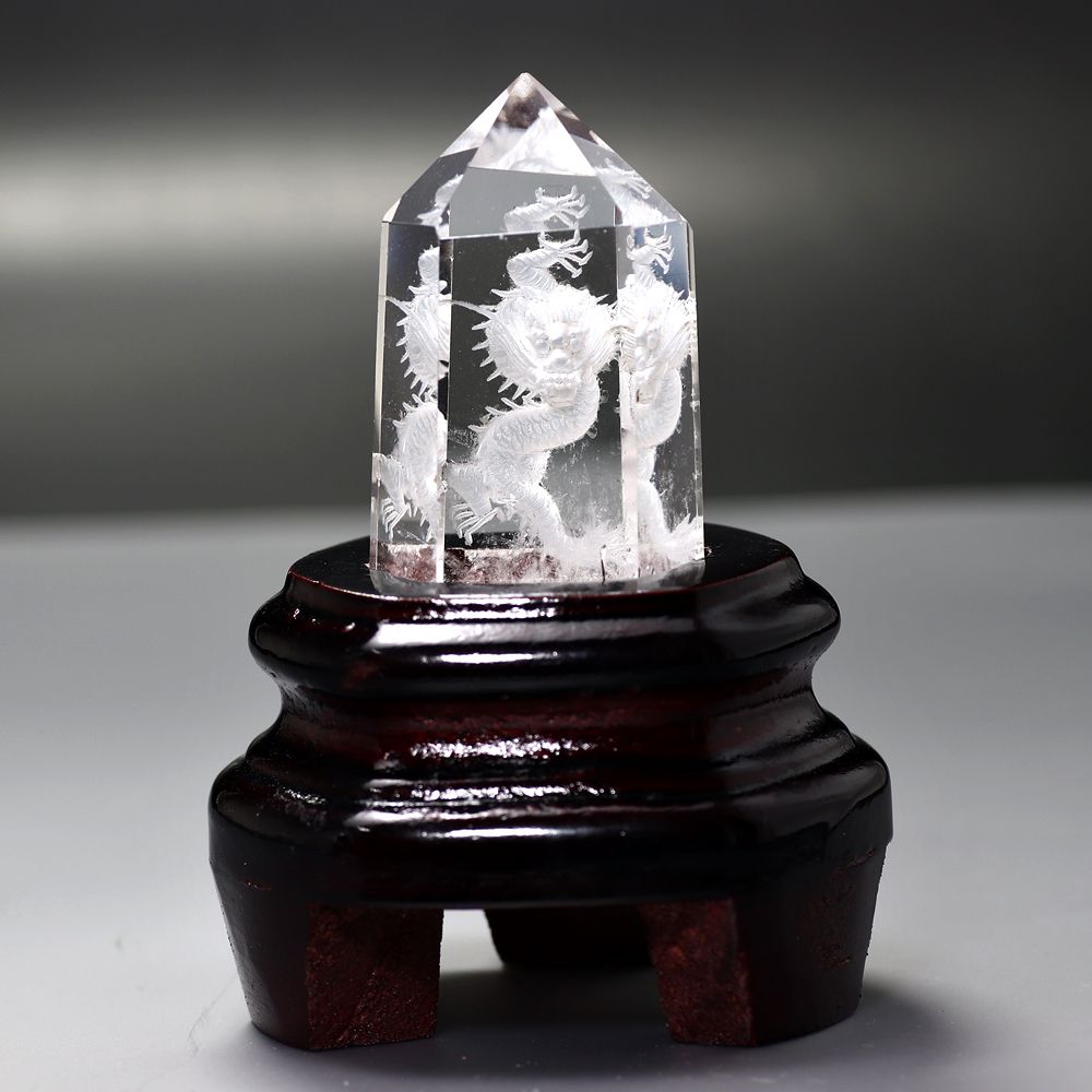 記念特価★[2024干支]水晶(辰)龍彫刻ポリッシュポイント（専用木製台座付き）