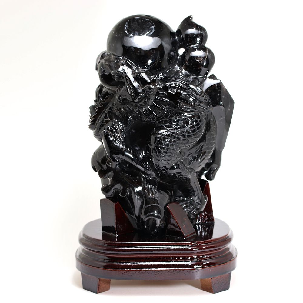 記念特価★天然モリオン龍彫刻/黒水晶(専用木製台座・専用ケース付属)