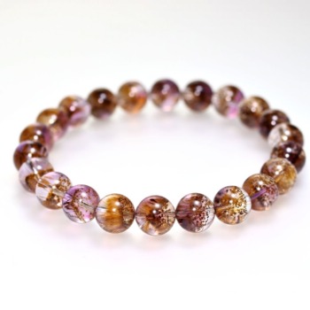 記念特価★[超激レア！トップクォリティ]ブラジル産ファントムゲーサイトインアメジストブレスレット/オレンジレピドクロサイト（約8.5mm玉・20年間でこの品質は１度だけ！）(24th-PGEMA-BR0851IS)
