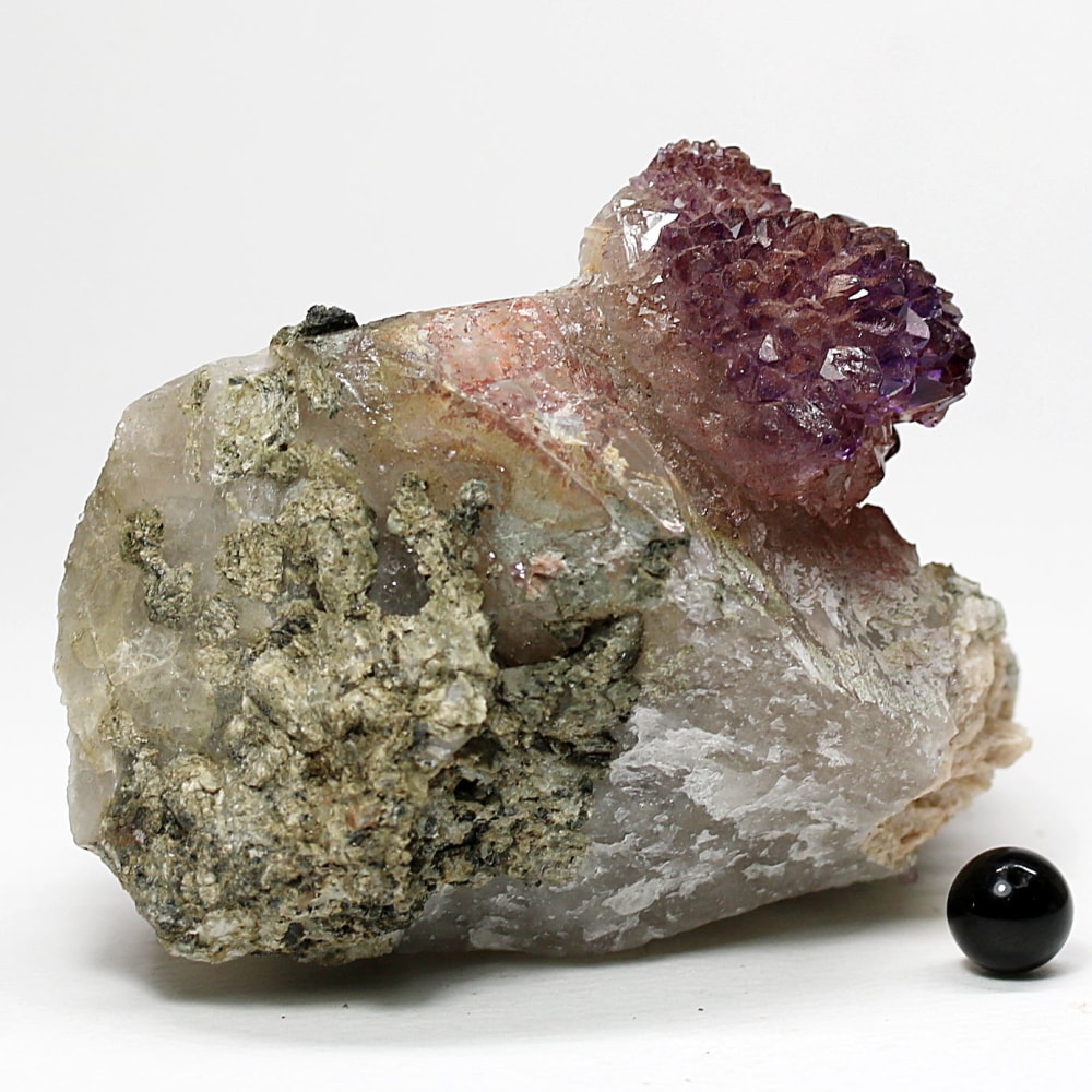 インド/カルール産アメジストエレスチャルクラスター(原石394g・レピドクロサイト内包・クォーツ共生)-slide-9