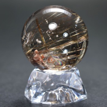 [希少]ブラジル産ガーデンルチルクォーツ丸玉/スフィア（球体直径35.0mm・レインボー＆オーロラ！）(GADR-SPH0350IS)