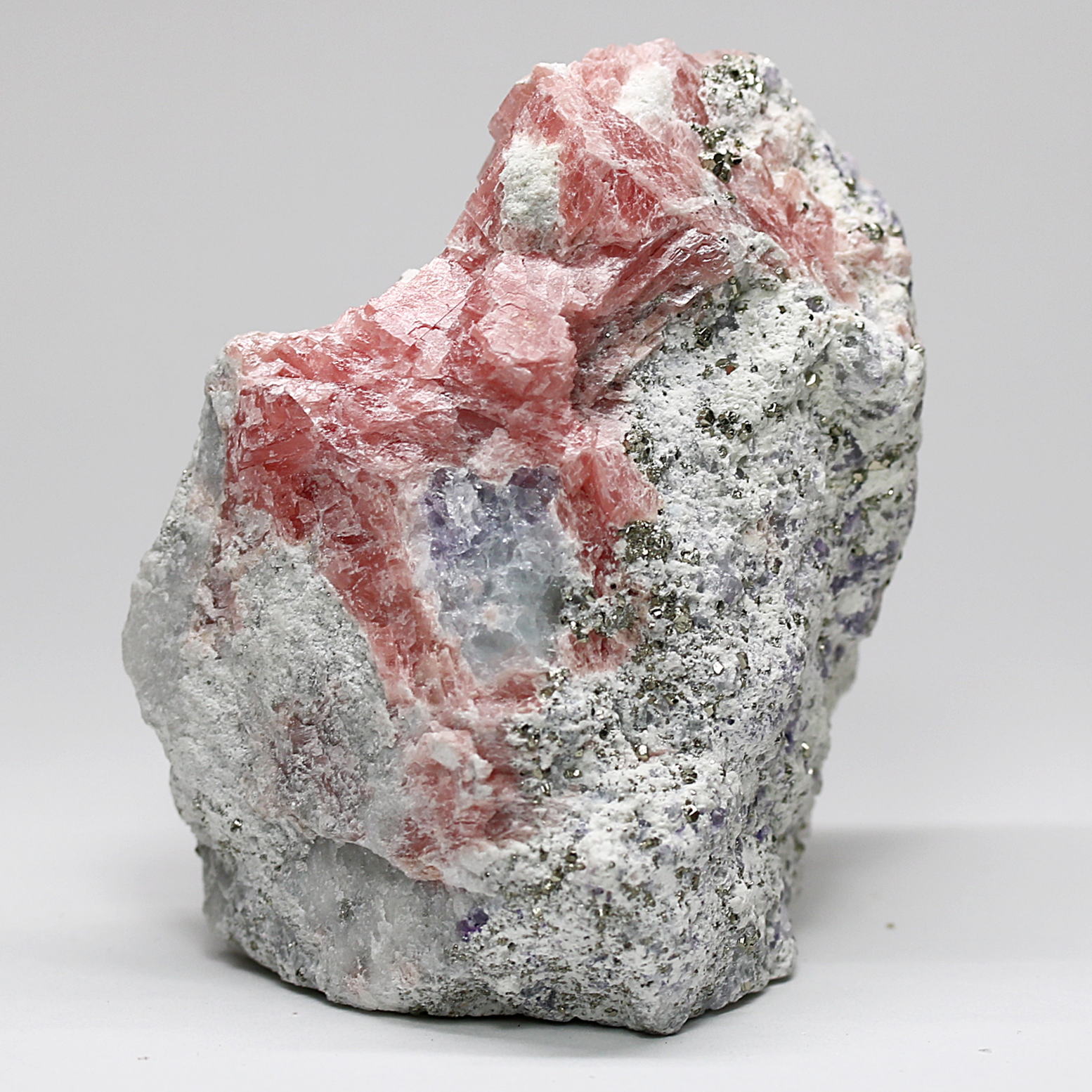 インカローズ結晶原石(ロードクロサイト)/フローライト&パイライト共生(総重量241g)-slide-0