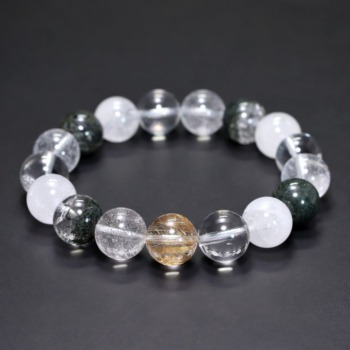 [高品質++]インド/マニハール産ヒマラヤ水晶ブレスレット（約12.5mm玉・特選ミックスタイプ）(MHMH-BR1251IS)