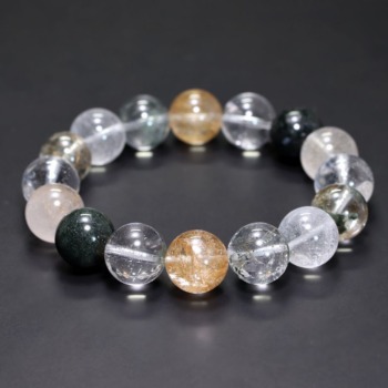 [高品質+]インド/マニハール産ヒマラヤ水晶ブレスレット（約13.5mm玉・特選ミックスタイプ）(MHMH-BR1352IS)