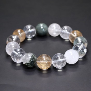 [高品質+]インド/マニハール産ヒマラヤ水晶ブレスレット（約14mm玉・特選ミックスタイプ）(MHMH-BR1401IS)