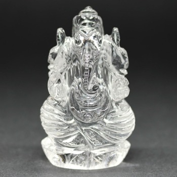 [高品質++]インド/マニハール産ヒマラヤ水晶ガネーシャ像（高さ約6.7cm/手のひらサイズ）(MHQZ-GN1096IS)