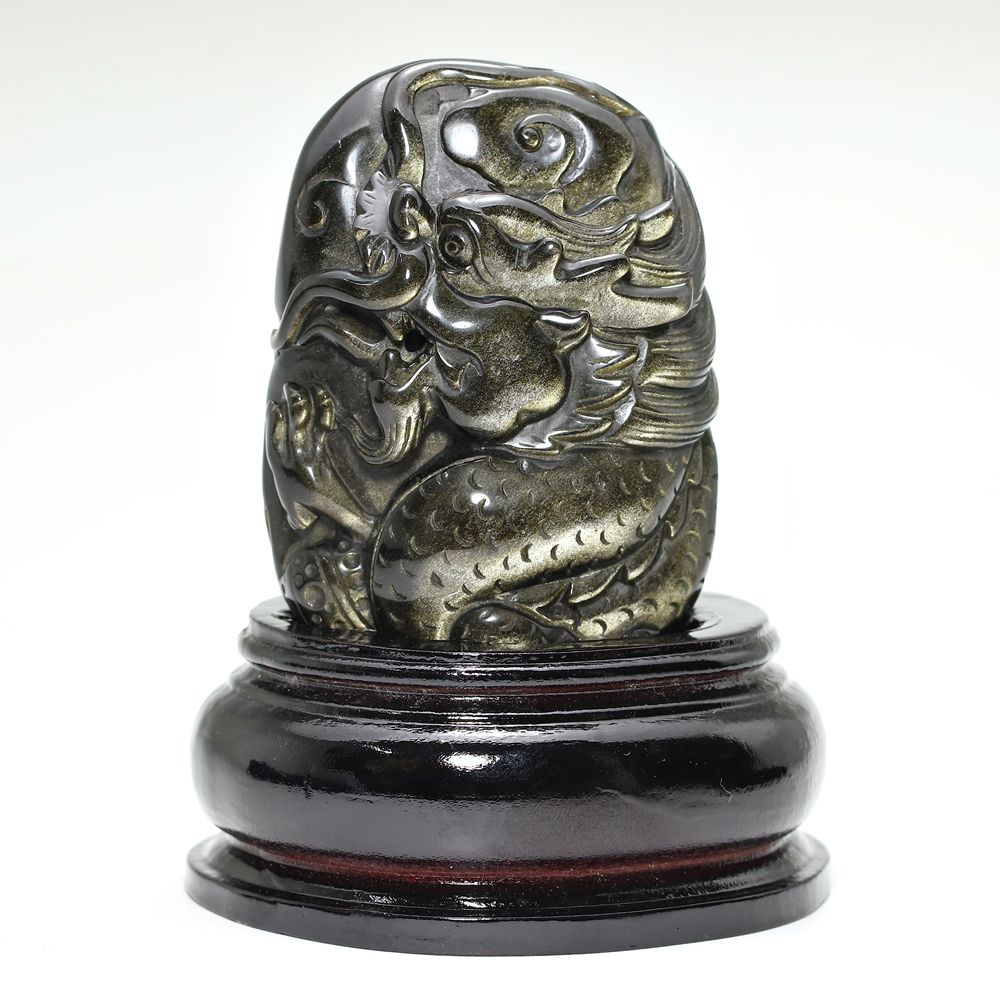 [高品質]メキシコ産ゴールデンオブシディアン黒曜石/(辰)龍彫刻（全高約120mm/専用木製台座含む）