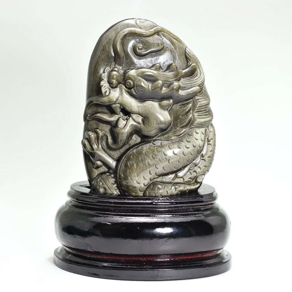 [高品質]メキシコ産ゴールデンオブシディアン黒曜石/(辰)龍彫刻（全高約134mm/専用木製台座含む）