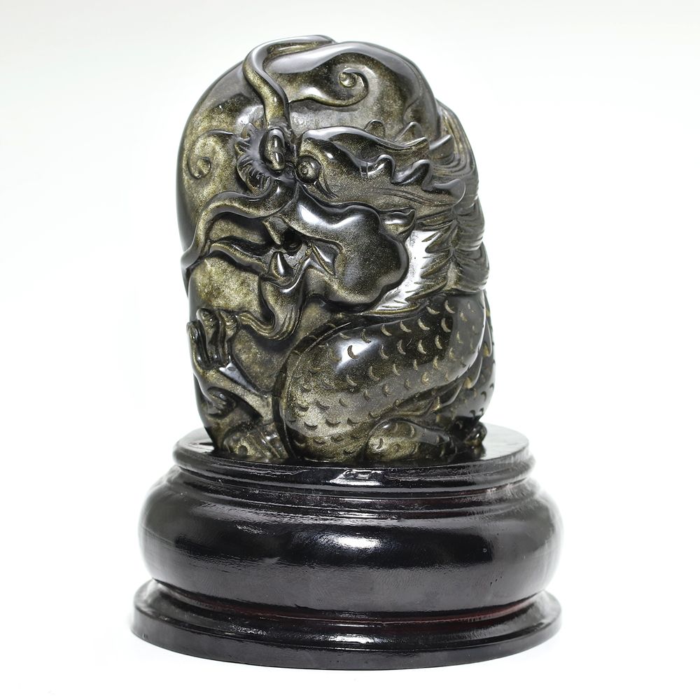 [高品質]メキシコ産ゴールデンオブシディアン黒曜石/(辰)龍彫刻（全高約131mm/専用木製台座含む）
