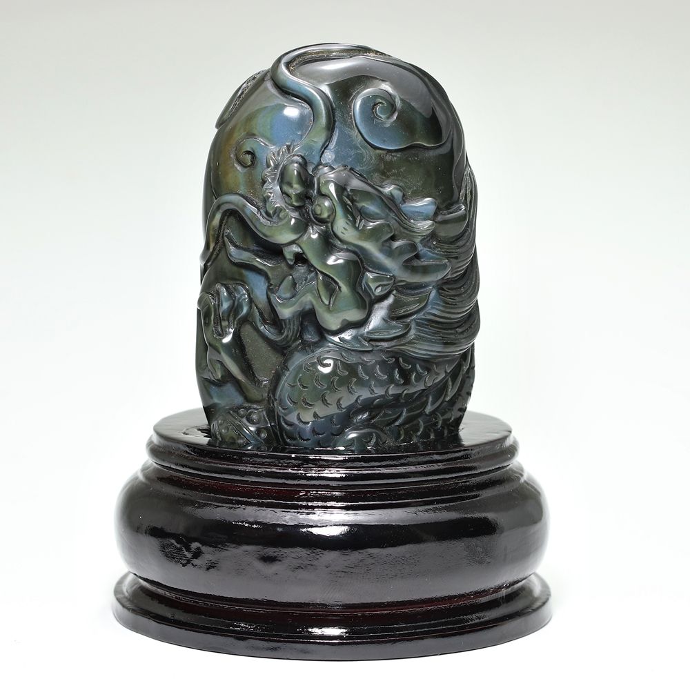 [高品質]メキシコ産レインボーオブシディアン黒曜石/(辰)龍彫刻（全高約129mm/専用木製台座含む）