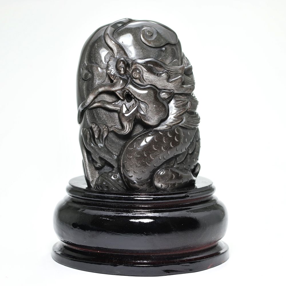 [高品質]メキシコ産シルバーオブシディアン黒曜石/(辰)龍彫刻（全高約132mm/専用木製台座含む）