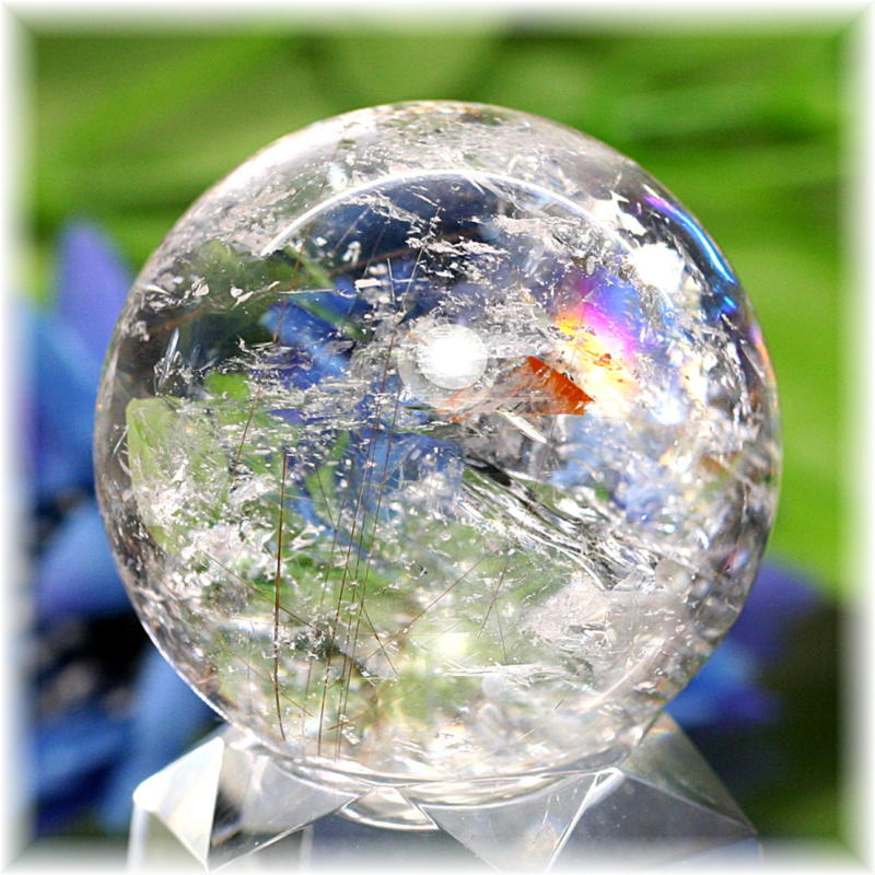 [高品質]ルチル入りレインボー水晶丸玉/アイリスクォーツスフィア（37.8mm）